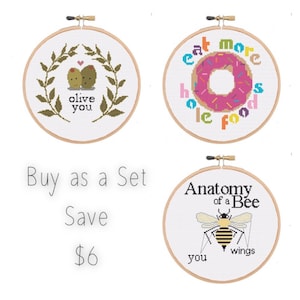 A Very Punny Set Olive You Bees Knees Hole Foods Cross Stitch PATTERN Set image 1