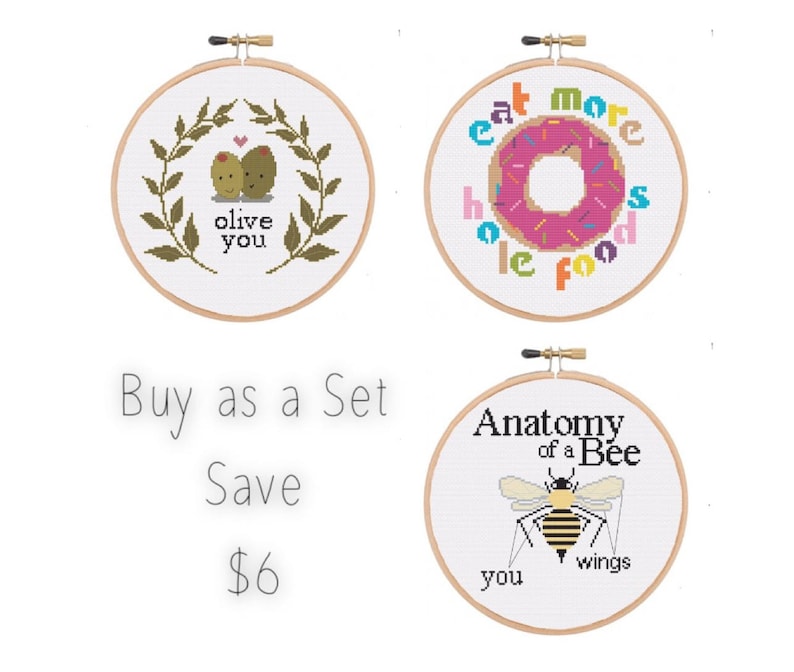 A Very Punny Set Olive You Bees Knees Hole Foods Cross Stitch PATTERN Set image 1