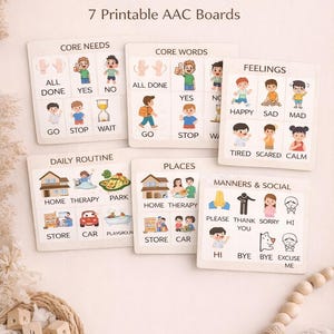 May include: Seven printable AAC boards with illustrations and text, including "Core Needs," "Core Words," "Feelings," "Daily Routine," "Places," and "Manners & Social." The boards feature images of children and common words.