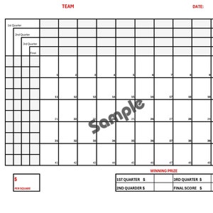 May include: A black and white grid with numbers 1 through 50, labeled "TEAM" at the top and "WINNING PRIZE" at the bottom. The grid is divided into four sections labeled "1st Quarter", "2nd Quarter", "3rd Quarter", and "Final Score".