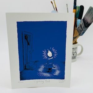 Lighting Out - *NEW* Limited Edition Silkscreen Print by Sam Hurt - 10&quot; x 8&quot; Hand Made Print, Unique, Art, Funny, Cartoon, Gift