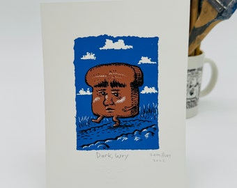 Sérigraphie sombre et ironique par Sam Hurt - 7 x 5 po. Impression faite à la main, unique, art, drôle, dessin animé, cadeau