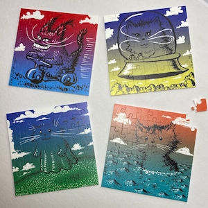 Monochrome Kitty - 4-piece Puzzle Coaster Set by Sam Hurt, 49 pieces each, PVC Waterproof Original Art Unique Gift Puzzler Surreal Humor