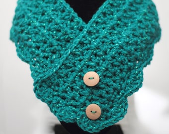 Sparkly Green Neck Warmer with Button Closure - Gift for Her - Teal Crochet Cowl Scarf - Cold Weather Clothing - Price Reduced