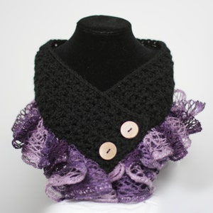 Black Neck Warmer with Purple Omber Sashay Ruffles and Button Closure - Gift for Her - Purple Crochet Cowl Scarf