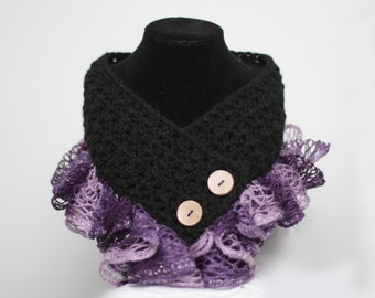 Black Neck Warmer with Purple Omber Sashay Ruffles and Button Closure - Gift for Her - Purple Crochet Cowl Scarf