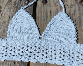 Light Blue Summer crochet top - Colorful Bikini Bralette Crop Top Knit Cotton Top