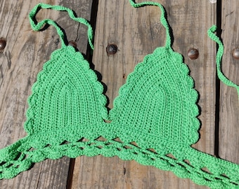 Green Summer crochet top - Colorful Bikini Bralette Crop Top Knit Cotton Top