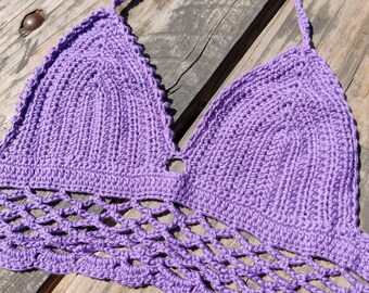 Top bralette all'uncinetto viola - Bikini in cotone lavorato a maglia fatto a mano