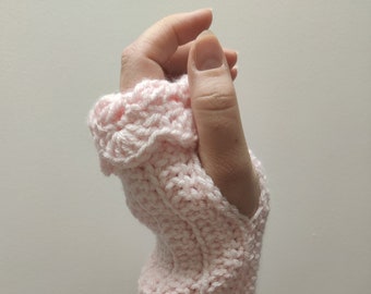 Fingerless Gloves Pink with Strawberry Buttons - I Love this Yarn - Winter Gloves - Texting Mittens - Crochet Arm Warmers - Gift for Her