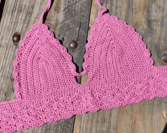 Bralette de crochet rosa hecho a mano – Top corto de bikini de algodón tejido