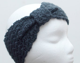 Denim Blue Crochet Ear Warmer With Bow Detail Textured Stitch Gift for Her Yoga Headwear