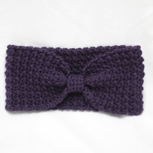 Purple Crochet Headband: Bow Ear Warmer, Adult Size