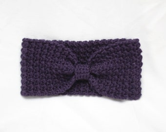 Purple Crochet Ear Warmer - Bow Detail - Moss Stitch Headband - Crochet Headband - Adult Size - Gift idea