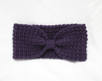 Purple Crochet Headband: Bow Ear Warmer, Adult Size