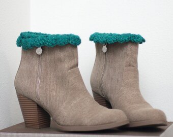 Teal Green Sparkly Boot Cuffs: Frilly Crochet Boot Socks