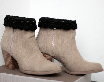 Black Crochet Boot Cuffs: Scalloped Winter Boot Accessory