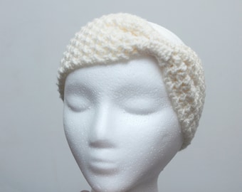 Cream Crochet Bow Ear Warmer - Moss Stitch Headband - Crochet Adult Head Wrap - Stocking Stuffer