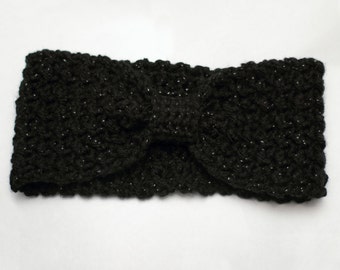 Black Sparkly Crochet Ear Warmer - Bow Headband - Crochet Headband - Adult Size