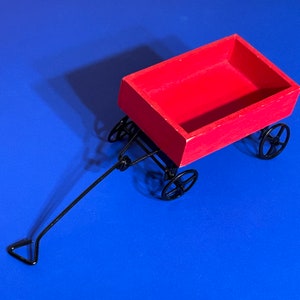 Red Wooden Wagon metal handle and wheels Diorama Christmas Ornament, Dollhouse miniature