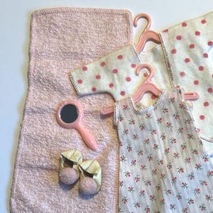 Vogue Doll Ginny 1952 Boxed Set Wardrobe #823 Pink Nightgown Slippers with pink Pom Pom Robe Pink Towel and Mirror 1950s 8” Vogue Doll