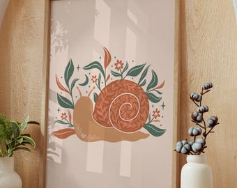 Folk Art Snail Printable Wall Art | Digital Download | Hand Drawn Snail Print | Cottagecore Decor | Whimsical Garden Art