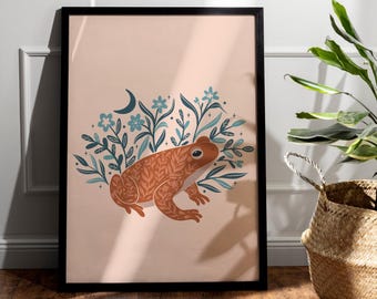 Folk Art Toad Print Digital Download, Cottagecore Wall Art, Whimsical Woodland Toad Decor, Printable Nature Illustration, Goblincore Art