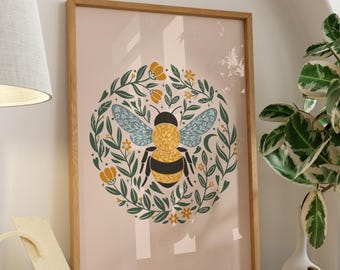 Folk Art Bee Printable Wall Art | Digital Download | Hand Drawn Bee Print | Cottagecore Decor | Botanical Nature Art