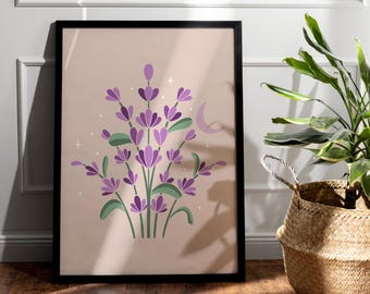 Folk Art Lavender Print Digital Download, Botanical Wall Art, Cottagecore Floral Decor, Printable Herb Illustration, Nature Wall Art
