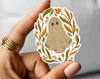 Ghost Sticker, Cottagecore Halloween Sticker, Folk Art Vinyl Sticker, Whimsical Spooky Laptop Water Bottle Decal