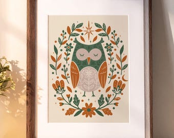 Folk Art Owl Printable Wall Art | Digital Download | Hand Drawn Owl Print | Cottagecore Decor | Woodland Animal Art | Instant Download