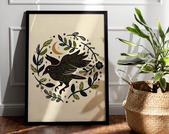 Folk Art Crow Print Digital Download, Witchy Wall Art, Cottagecore Raven Decor, Printable Woodland Bird Illustration, Gothic Nature Art
