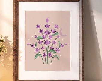Lavender Art Print, Folk Art Botanical Illustration, Woodland Nature Wall Art, Cottagecore Decor, Lavender Flower Print, 5x7 8x10