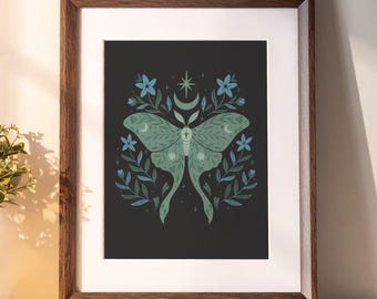 Folk Art Luna Moth Print Digital Download, Cottagecore Wall Art, Witchy Moon Moth Decor, Nature Illustration, Printable Boho Art