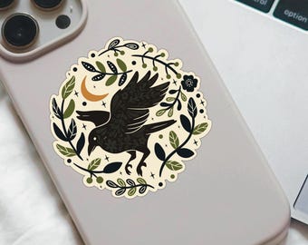 Crow Sticker, Folk Art Vinyl Decal, Die Cut Crow Illustration, Cottagecore Sticker, Nature Sticker for Laptop Water Bottle, 2 Inch