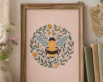 Bee Art Print, Folk Art Botanical Illustration, Woodland Nature Wall Art, Cottagecore Decor, Bee and Foliage Print, 5x7 8x10