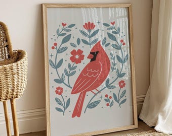 Folk Art Cardinal Printable Wall Art | Digital Download | Hand Drawn Cardinal Print | Cottagecore Decor | Woodland Bird Art