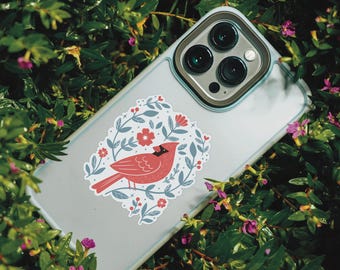 Cardinal Sticker, Folk Art Vinyl Decal, Die Cut Cardinal Illustration, Cottagecore Sticker, Nature Sticker for Laptop Water Bottle, 2 Inch