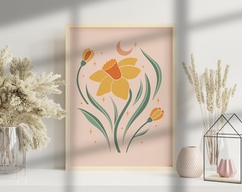 Folk Art Daffodil Print Digital Download, Botanical Wall Art, Cottagecore Floral Decor, Printable Spring Flower Illustration, Nature Art