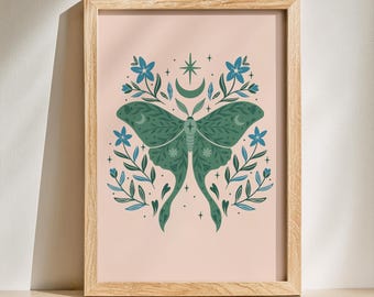 Luna Moth Art Print, Folk Art Botanical Illustration, Woodland Nature Wall Art, Cottagecore Decor, Moth and Flowers Print, 5x7 8x10