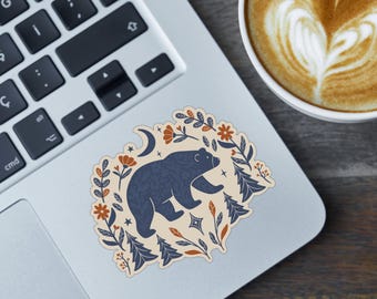 Bear Sticker, Folk Art Vinyl Decal, Die Cut Bear Illustration, Cottagecore Sticker, Nature Sticker for Laptop Water Bottle, 2 Inch