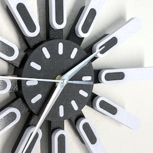 12" Black White Sunburst Clock, Mid Century Modern PLA, Minimalist Geometric Design