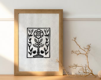 Winter Magnolia Art Print, Handmade Linoleum Print, Flower Print, Printmaking Art, Wall Art