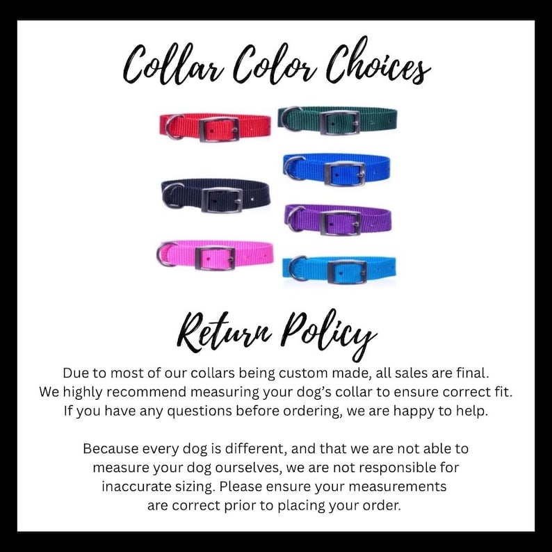 May include: Image displaying a selection of dog collars in various colours: red, green, blue, black, purple, pink, and turquoise. Each collar features a metal buckle. The text at the top says "Collar Color Choices."