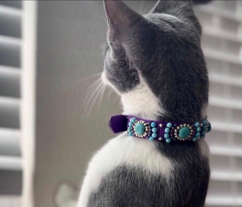 Custom Designer Cat Collar, Fancy Beaded Cat Collar, Pet Collar with Turquoise Howlite Beads, Semiprecious Stone Collar for Cat, Healing Cat image 1