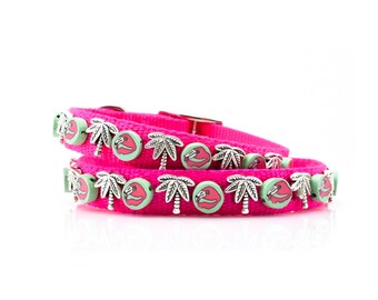 Hundhalsband med flamingomotiv, halsband för husdjur med palmträd och flamingomotiv, tropiskt halsband för hund, hundhalsband med flamingomotiv och fina pärlor, semester, strand, tropiskt