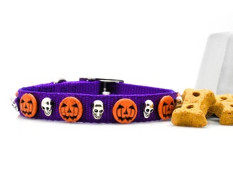 Halloween Dog Collar, Colorful Pumpkin Beaded Dog Collar, Unique Silver Skull Collar For Dog