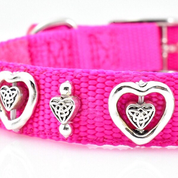 Pink Dog Collar With Silver Hearts, Heart Dog Collar, Pink Dog Collar, Pretty Collar For Girl Dog, Girly Dog Collar, Girly Pet Collar, 16"