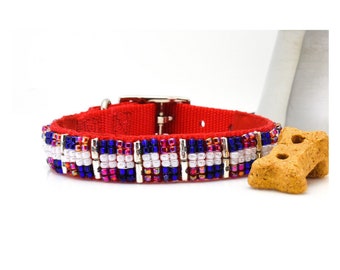 Fancy Dog Collar, Patriotic Red White and Blue Dog Collar, Boy Dog Collar with Beads, Unique Stylish Collar for Dog, Chic Pet Collar