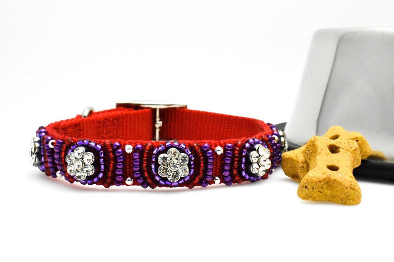 Custom Beaded Dog Collar with Rhinestone Flowers Etsy